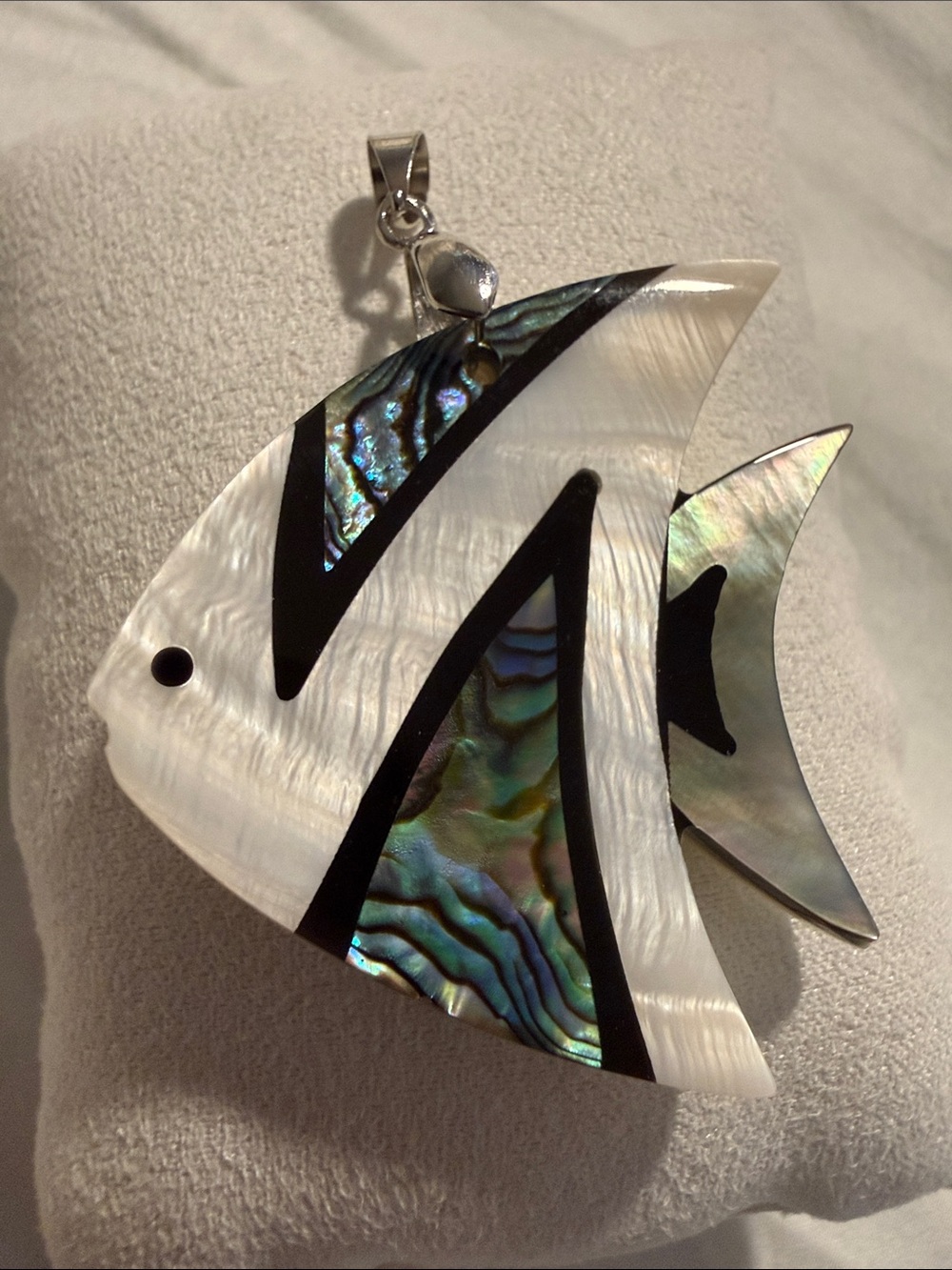 Abalone Shell Inlay Angelfish Pendant White and Iridescent